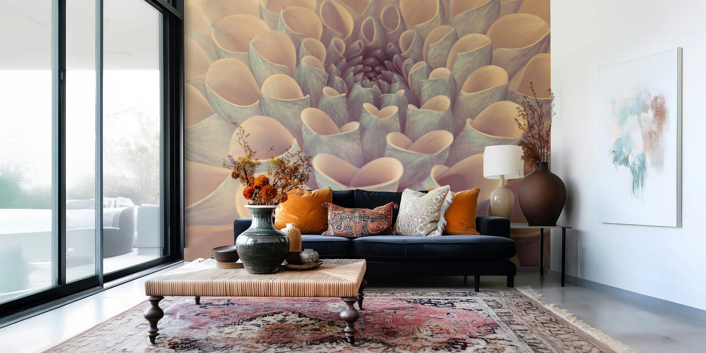 Decorative flower mural with curled and layered dahlia petals captured in intricate detail.