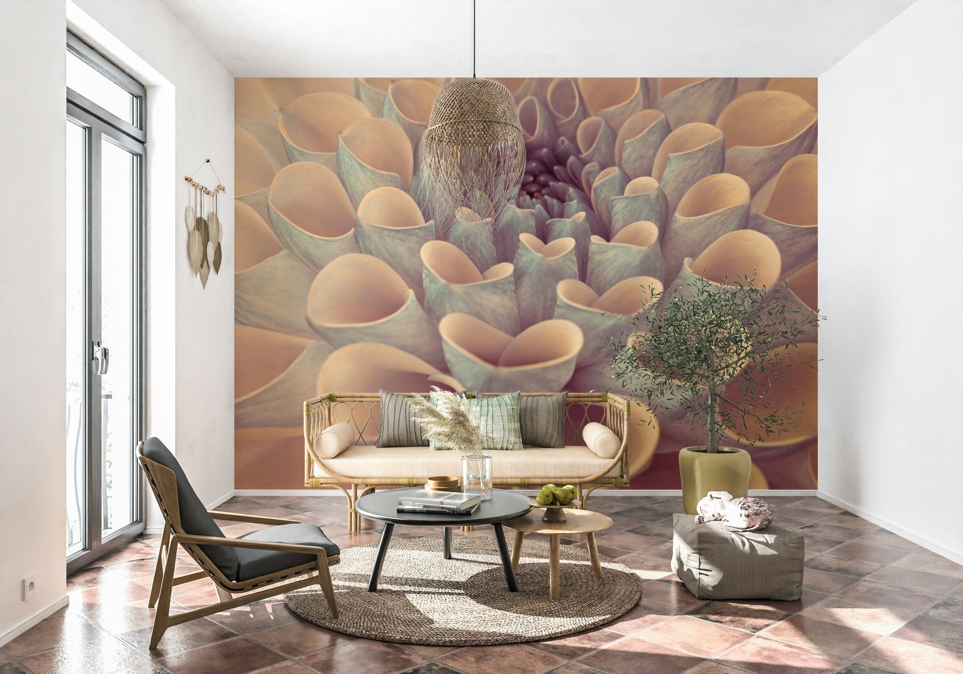 Wall mural showcasing a detailed close-up of dahlia petals forming a spiraling floral pattern.
