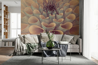 Macro floral mural highlighting the intricate curves and textures of a blooming dahlia.