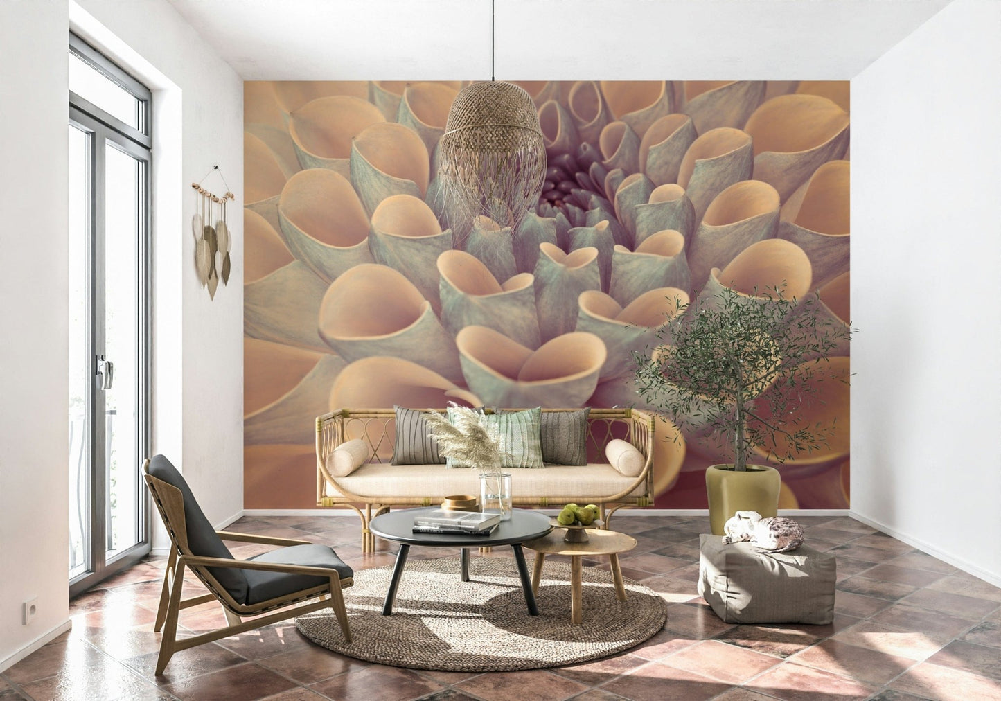 Wall mural showcasing a detailed close-up of dahlia petals forming a spiraling floral pattern.
