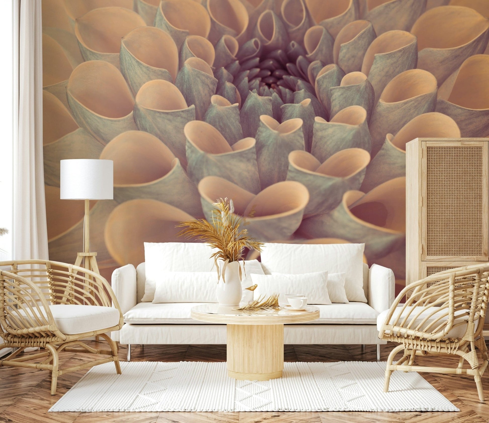 Soft pastel floral mural highlighting the natural pattern of layered dahlia petals.