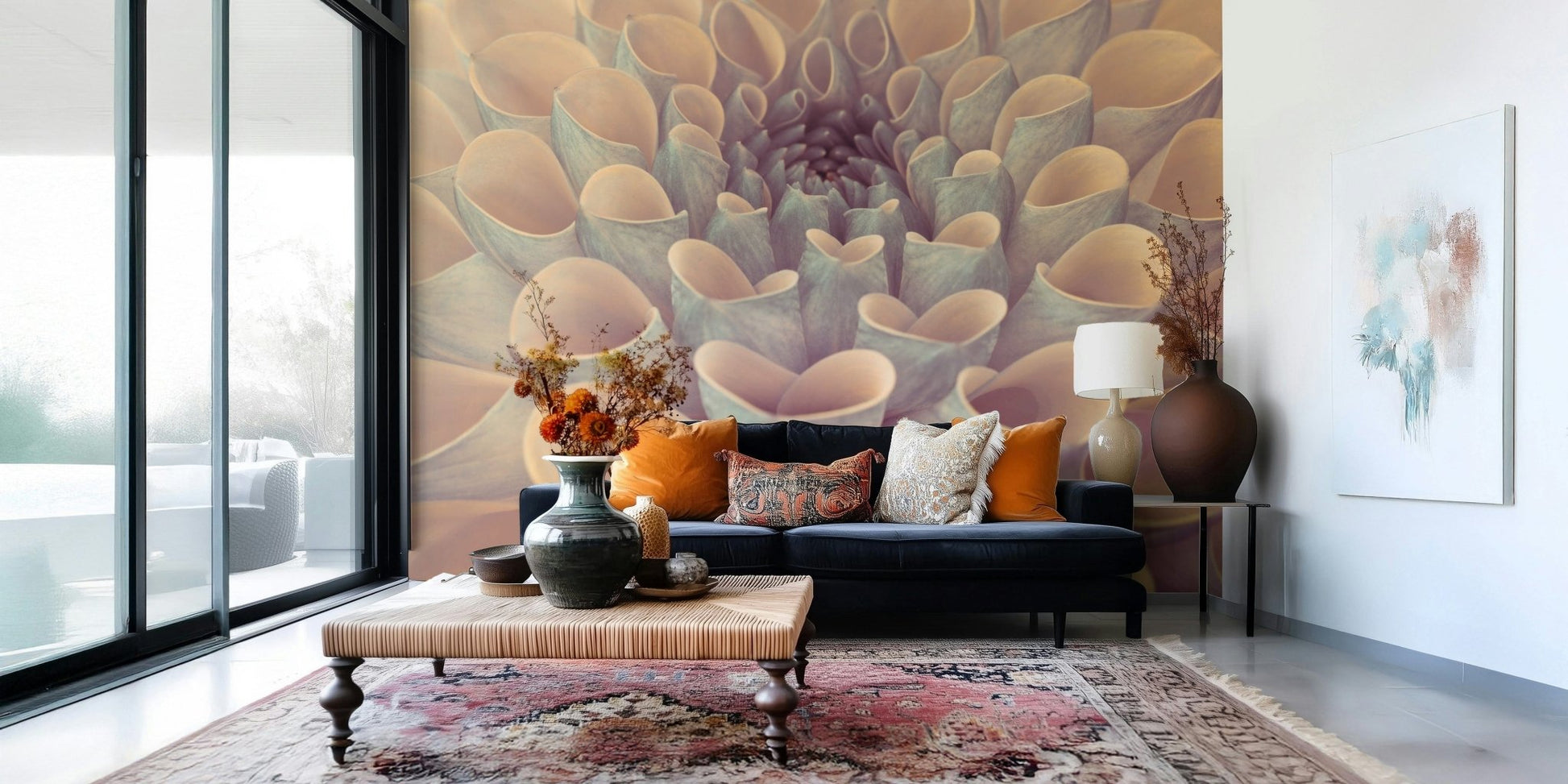 Decorative flower mural with curled and layered dahlia petals captured in intricate detail.