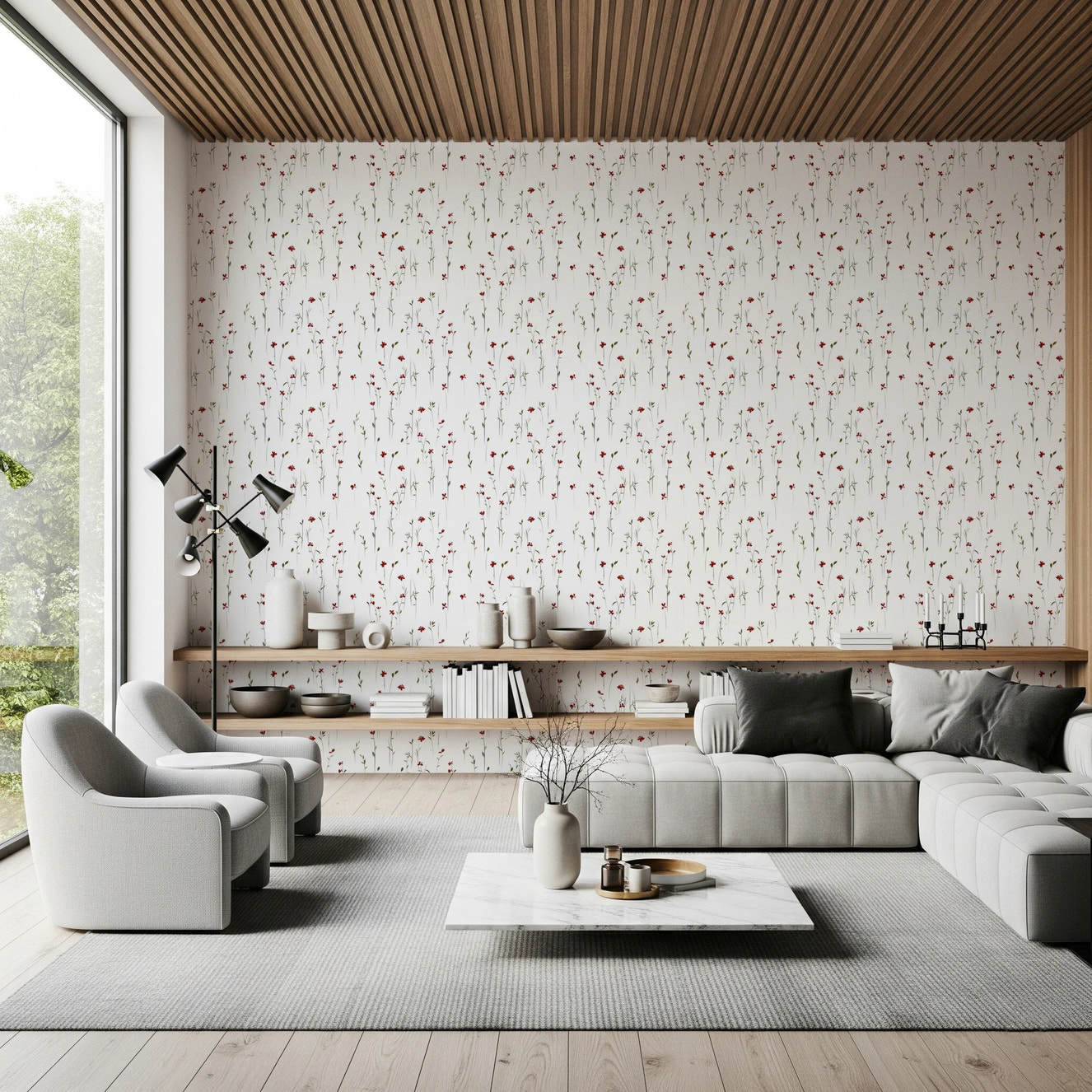 Soft white Dainty Scarlet Blooms wallpaper for living room featuring red flowers.