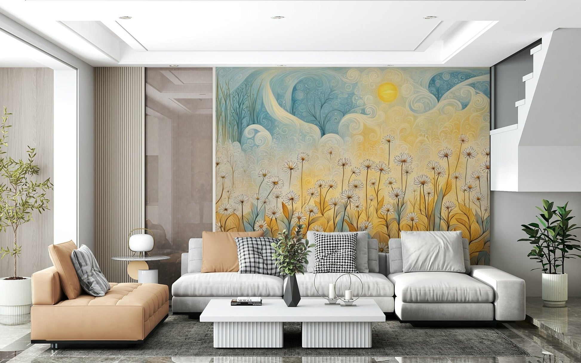 Sophisticated botanical mural showing a field of daisies in a light-filled dining area.