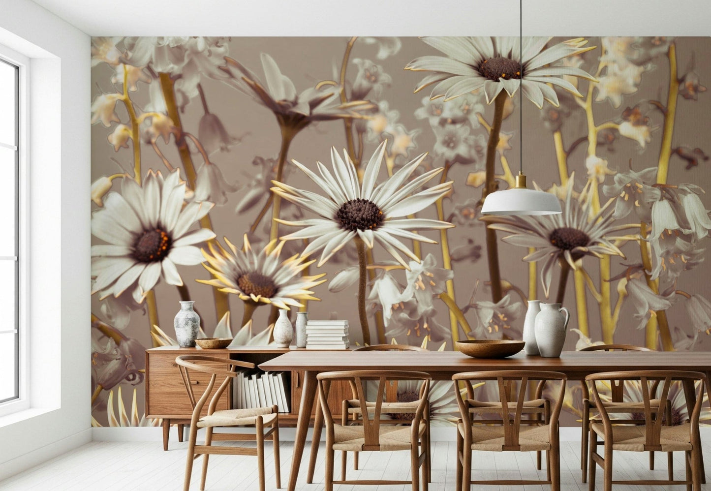 Floral wallpaper showcasing delicate daisies and wildflowers in warm, muted colors.