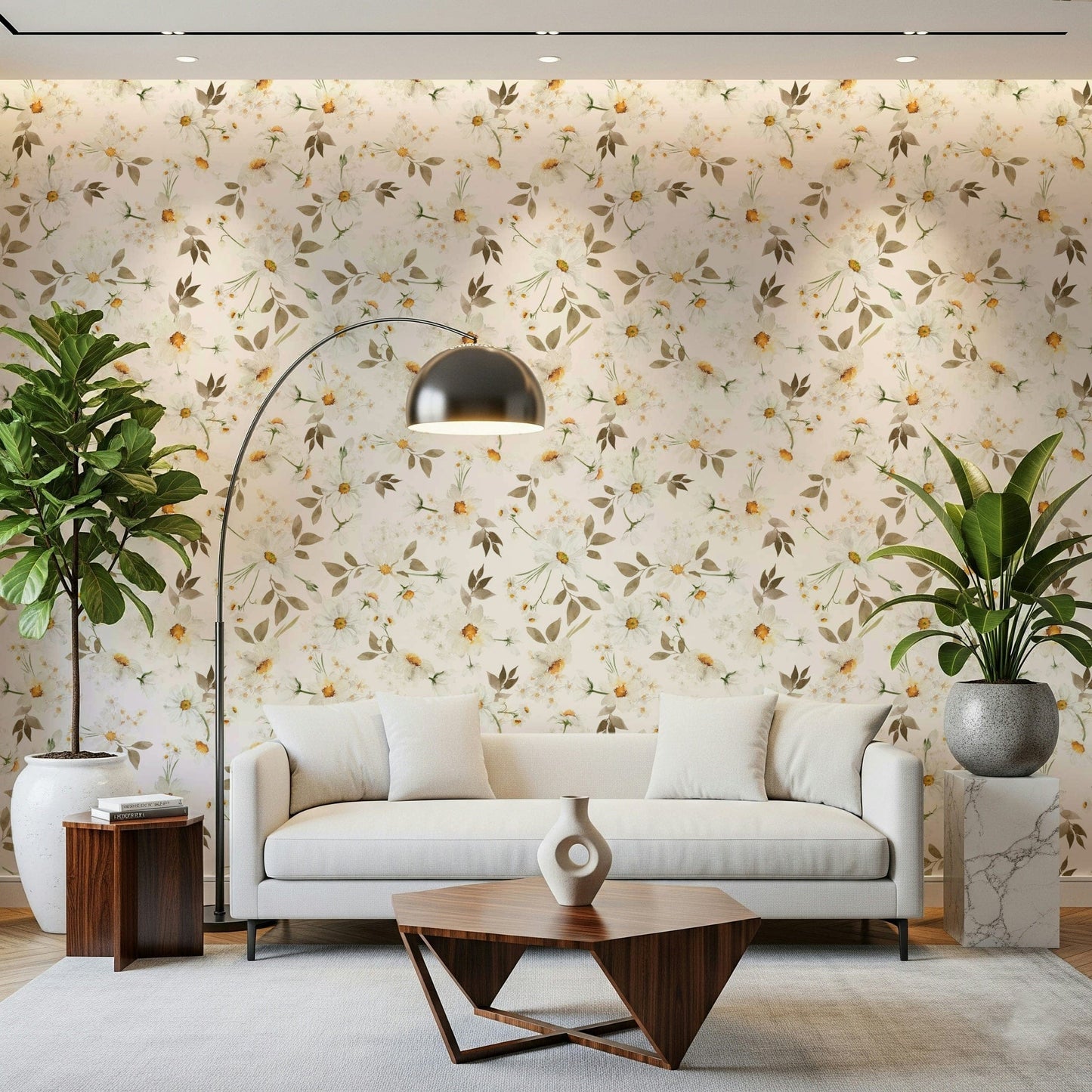 Watercolour daisy pattern wallpaper for walls neutral aesthetic.