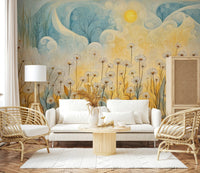 Wildflower wallpaper with soft yellow centers in a bright apartment bedroom.