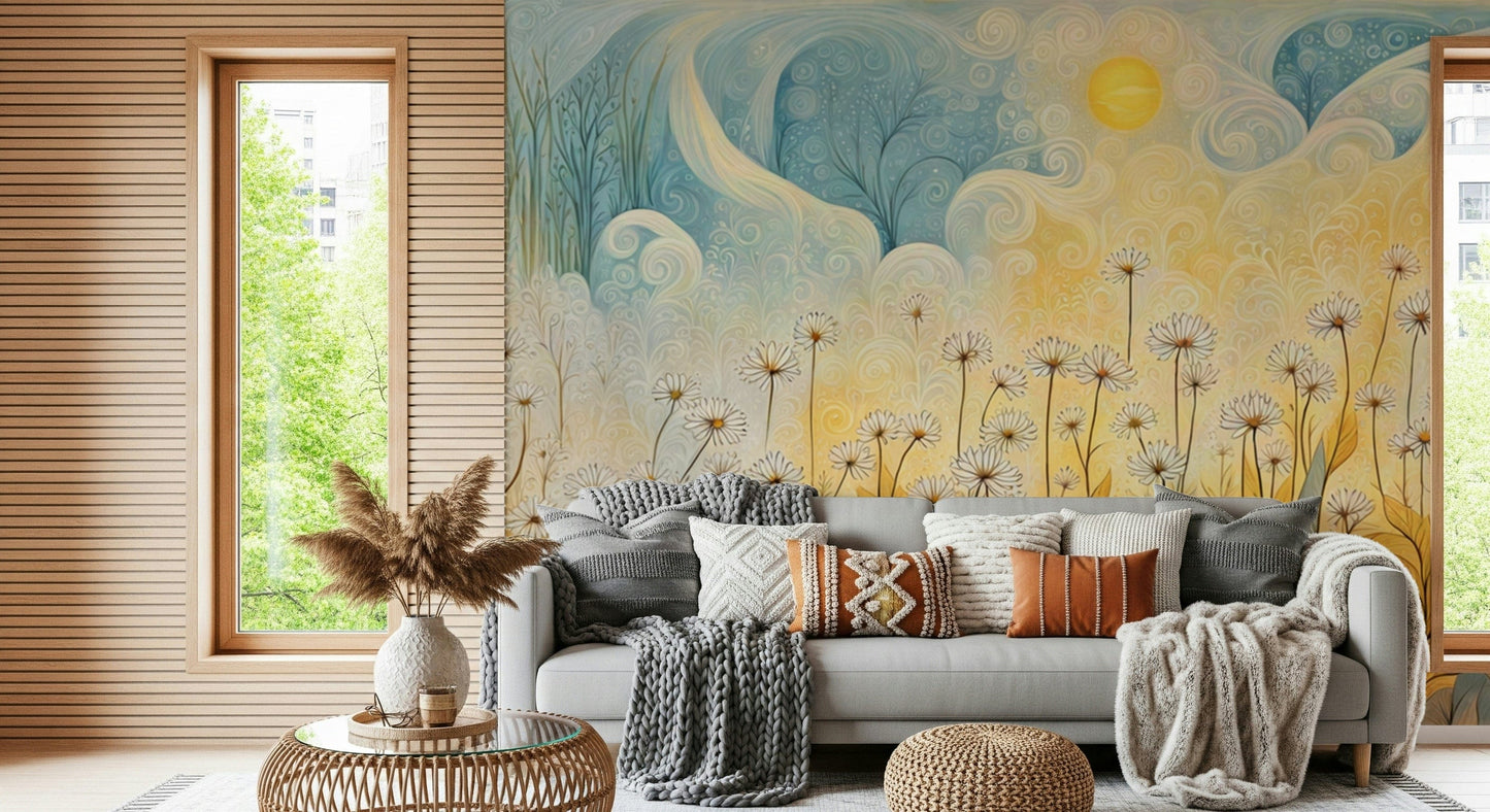 Neutral colored floral wallpaper for an office feature wall with white desks.