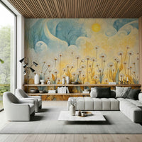 Daisy Daydreams Wall Mural featuring oversized white flowers in a modern living room.
