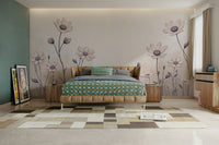 The wallpaper is used as a feature wall in a bedroom.