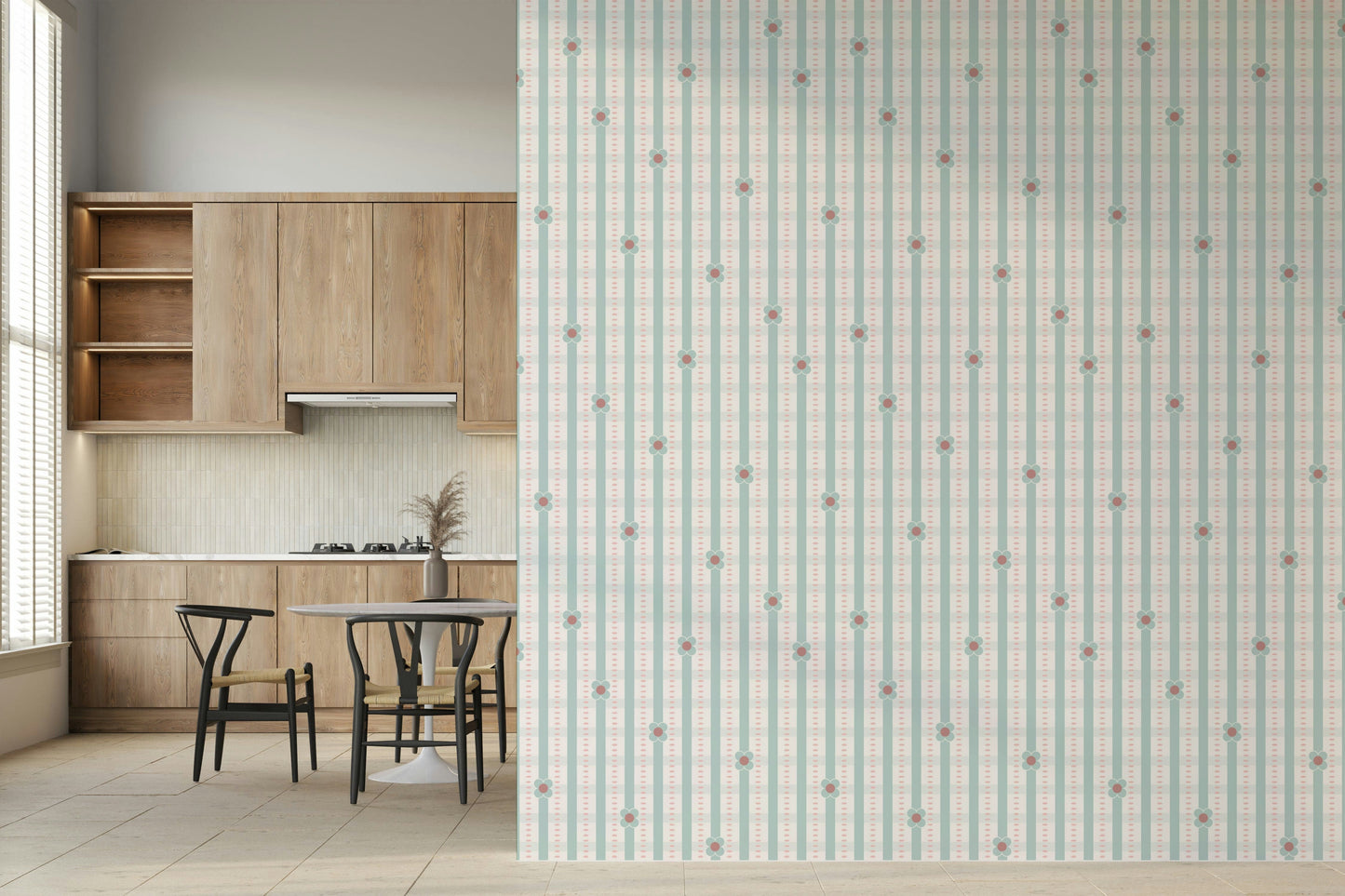 Daisy Pattern Wallpaper – Whimsical wallpaper with scattered daisy blooms and linear stripe accents.