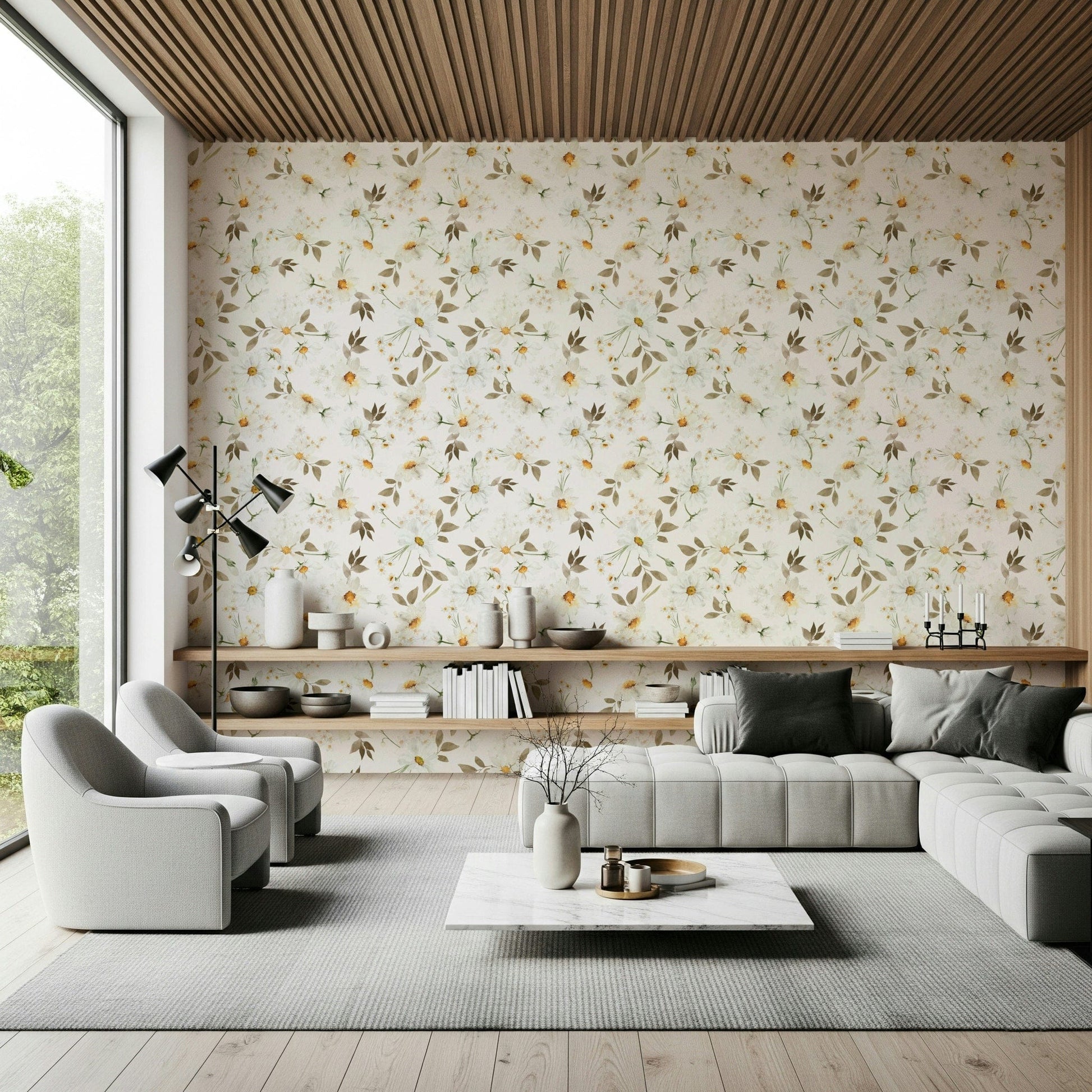 Soft ivory daisy wallpaper for walls elegant home décor.
