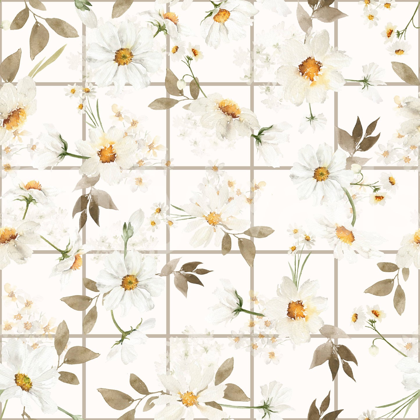 Gentle white Daisy Window Panes botanical wallpaper