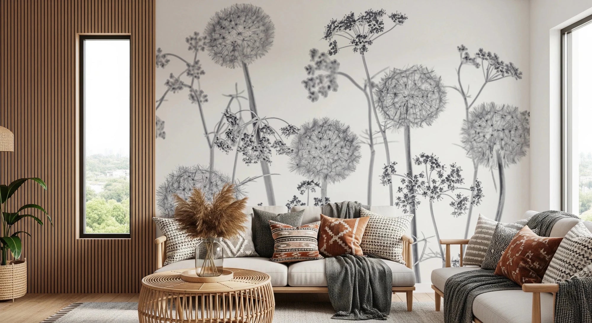 Dancing Wildflowers wallpaper mural of grey dandelion and cow parsley silhouettes behind a cream sofa in a wood-panelled living room