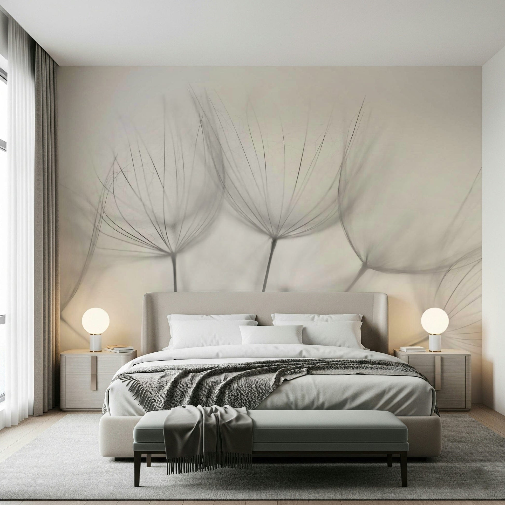 A peaceful botanical design mural on decorative wallpaper.

