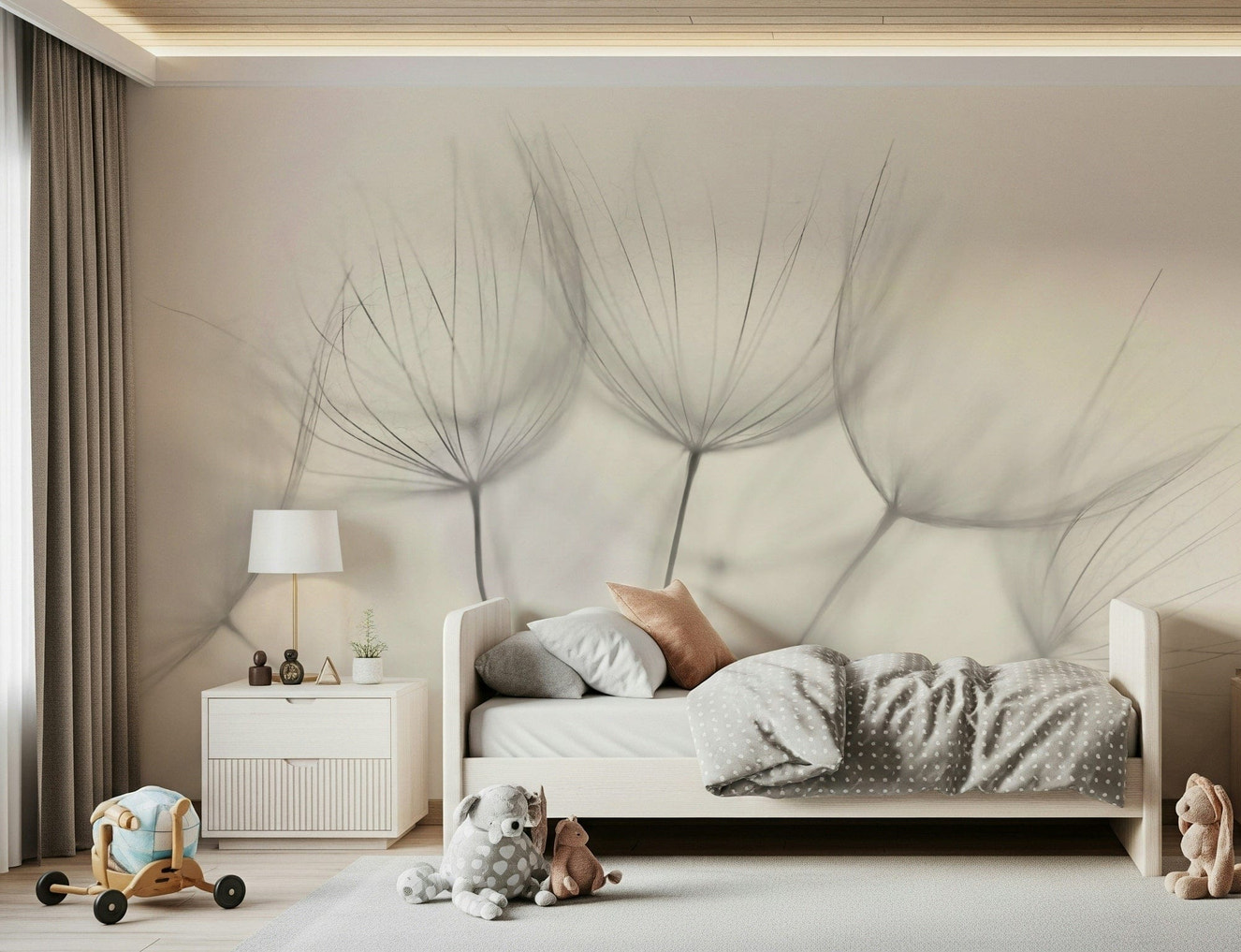 A beautiful serene dandelion wallpaper mural for a modern home.


