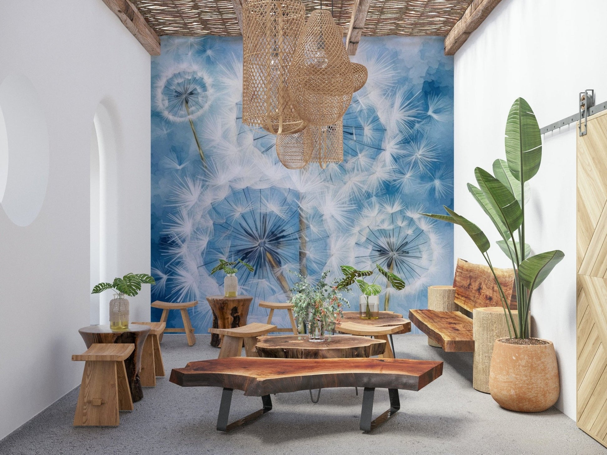 Nature-Inspired Dandelion Wall Art Mural – Peaceful wall mural showcasing detailed dandelion flowers in soft natural tones.