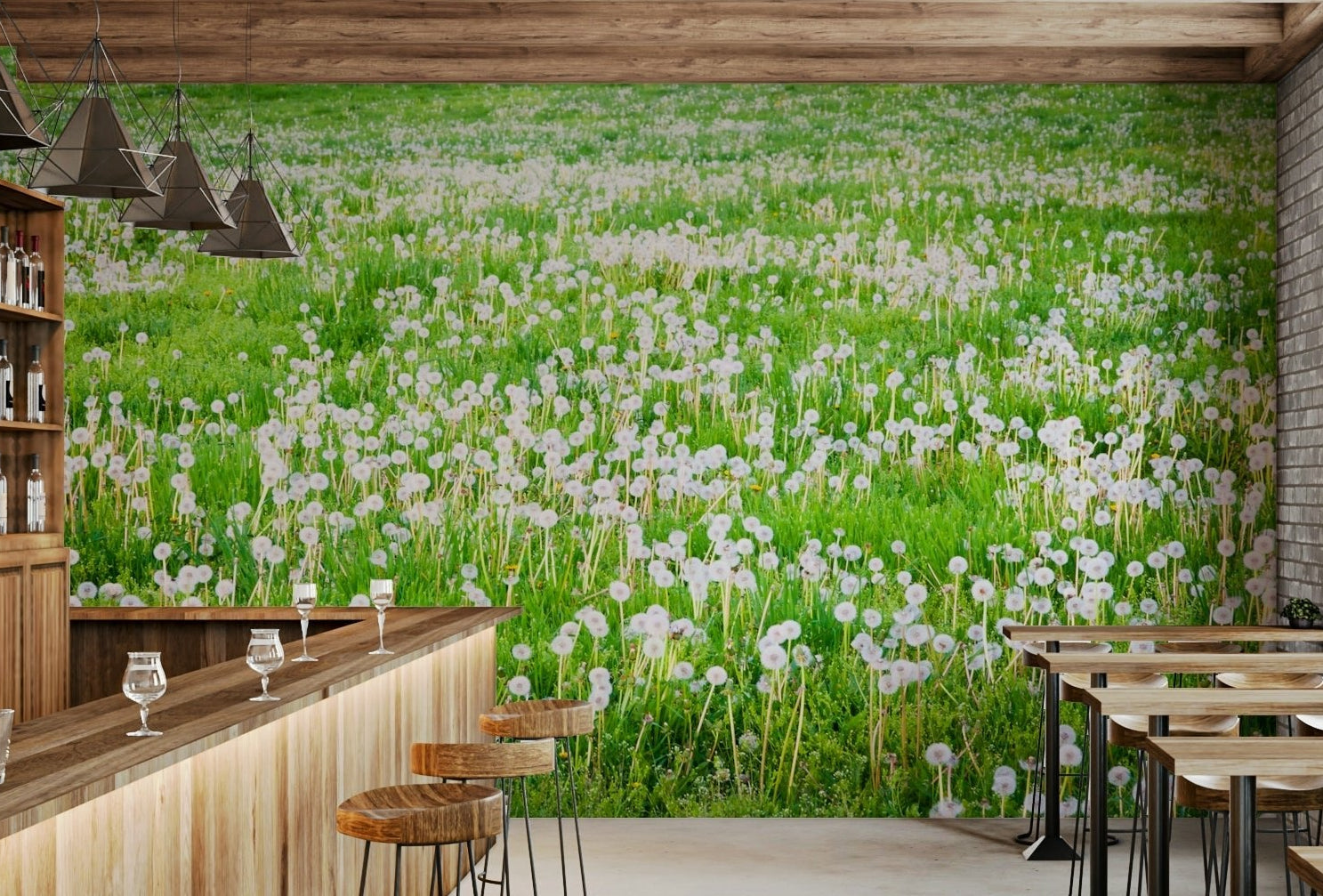 Peaceful wall mural with floral meadow view
