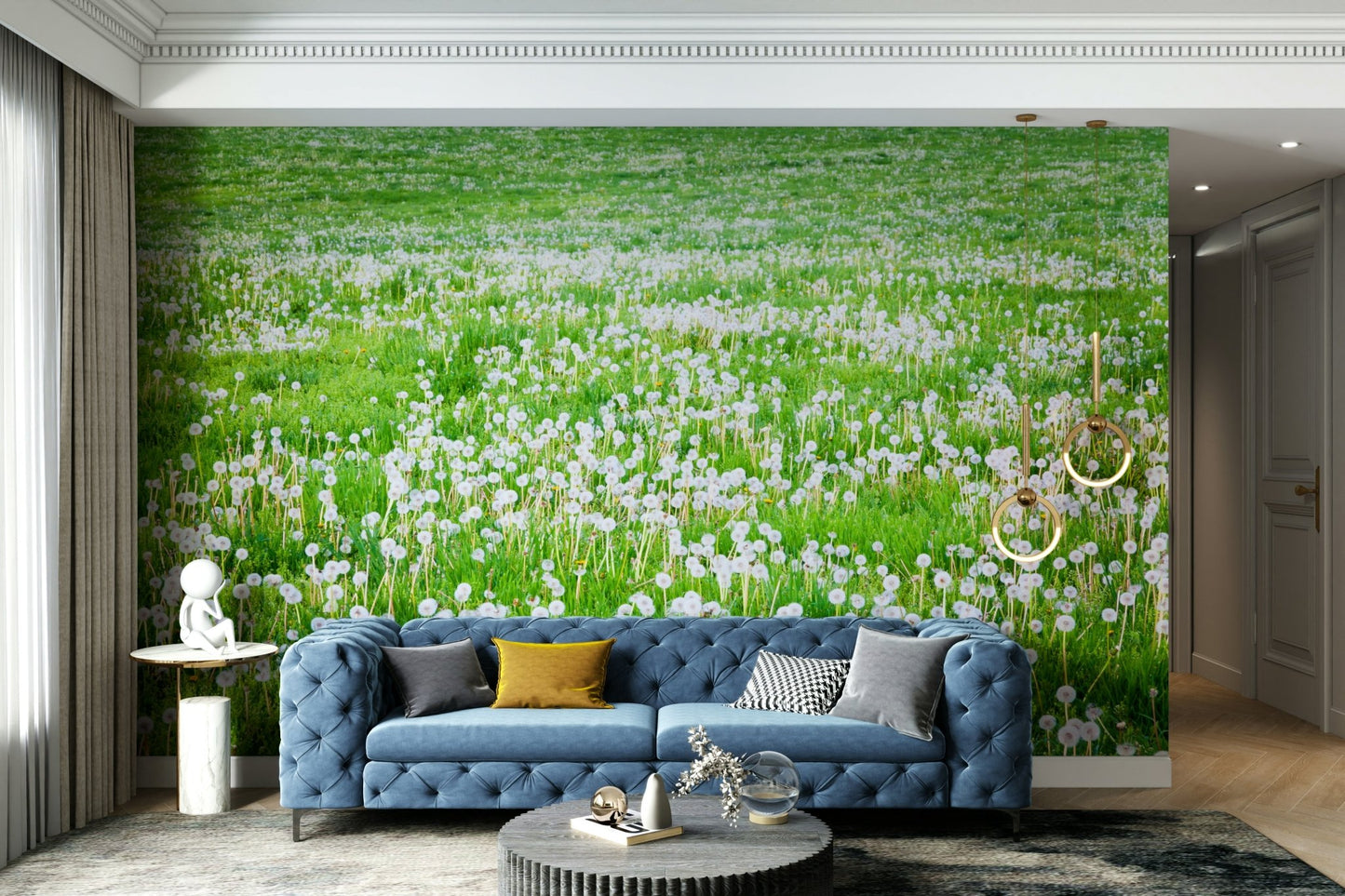 Calm wall design with meadow scene
