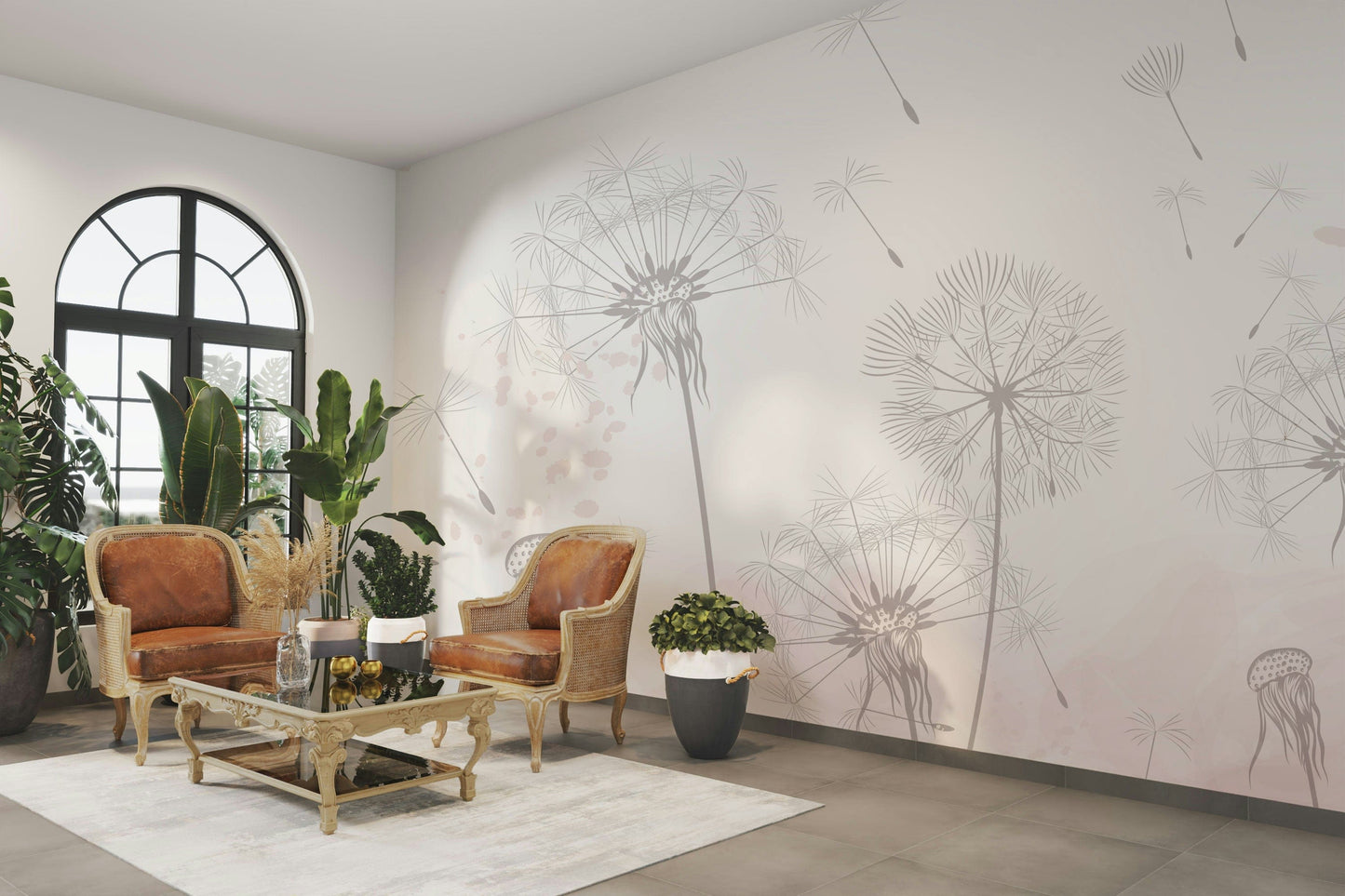 The design features delicate, floating elements like dandelion seeds or feathers.

