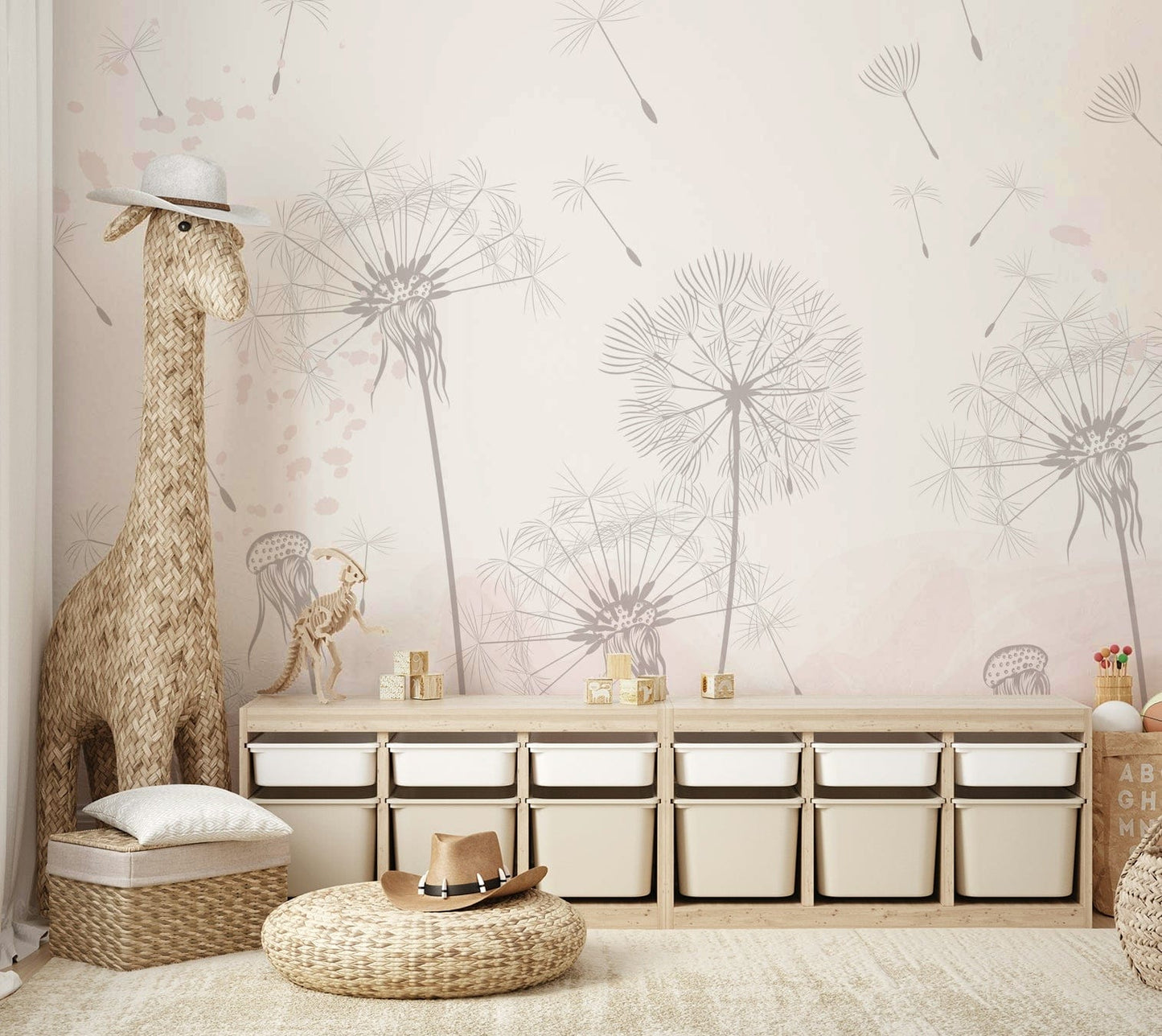A peaceful wall mural with an ethereal, whimsical scene.

