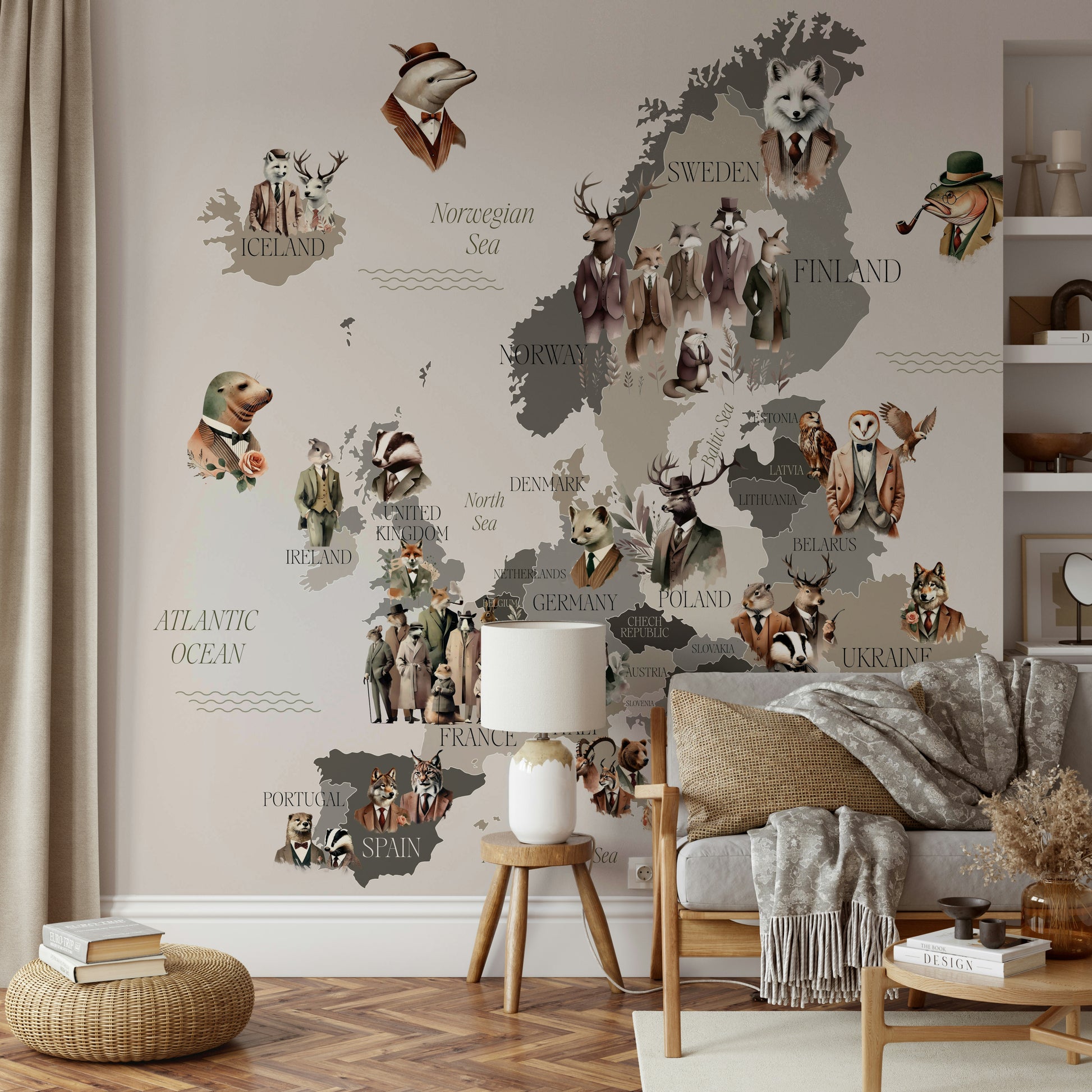 Fun animal characters across Europe map

