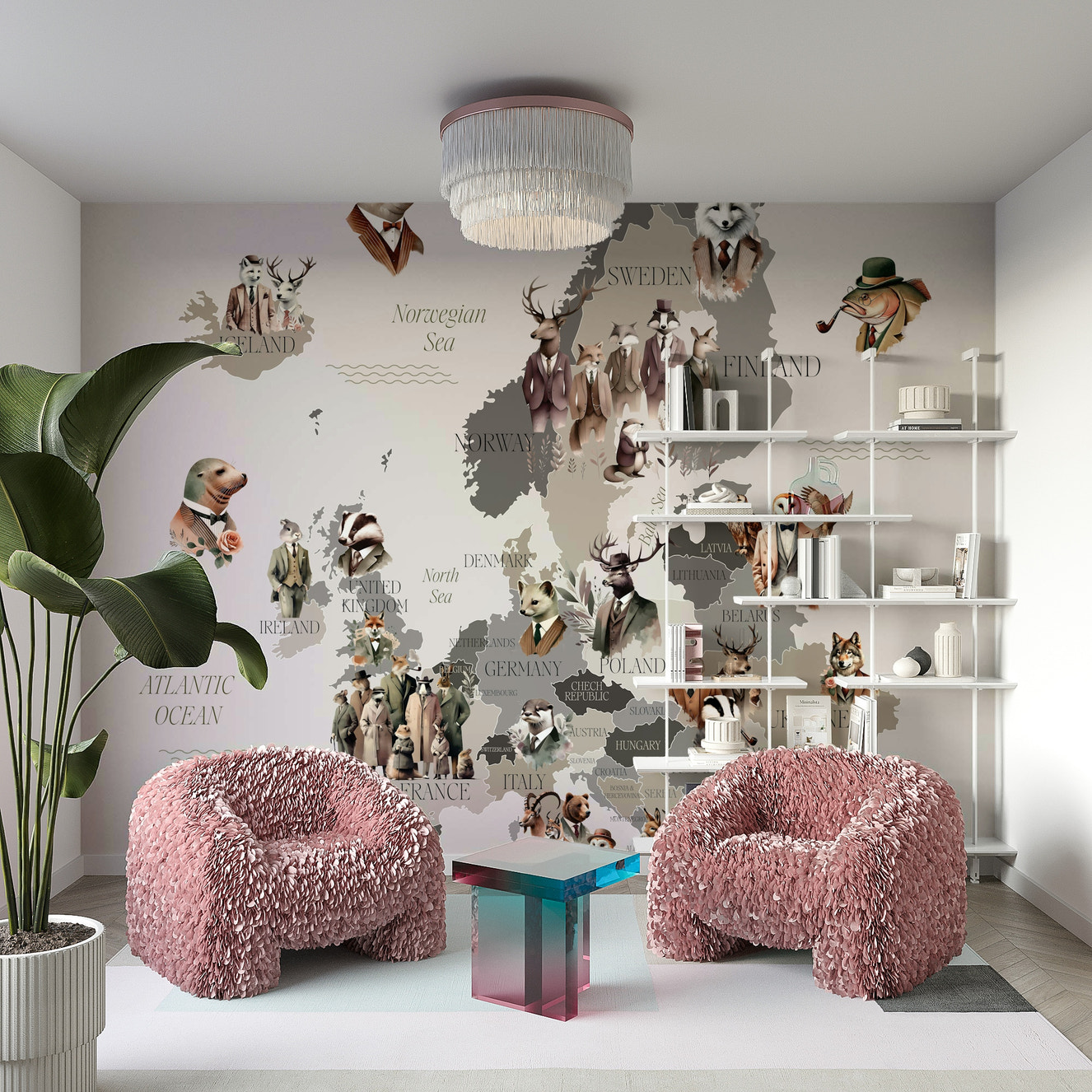 Dressed animal characters map wallpaper

