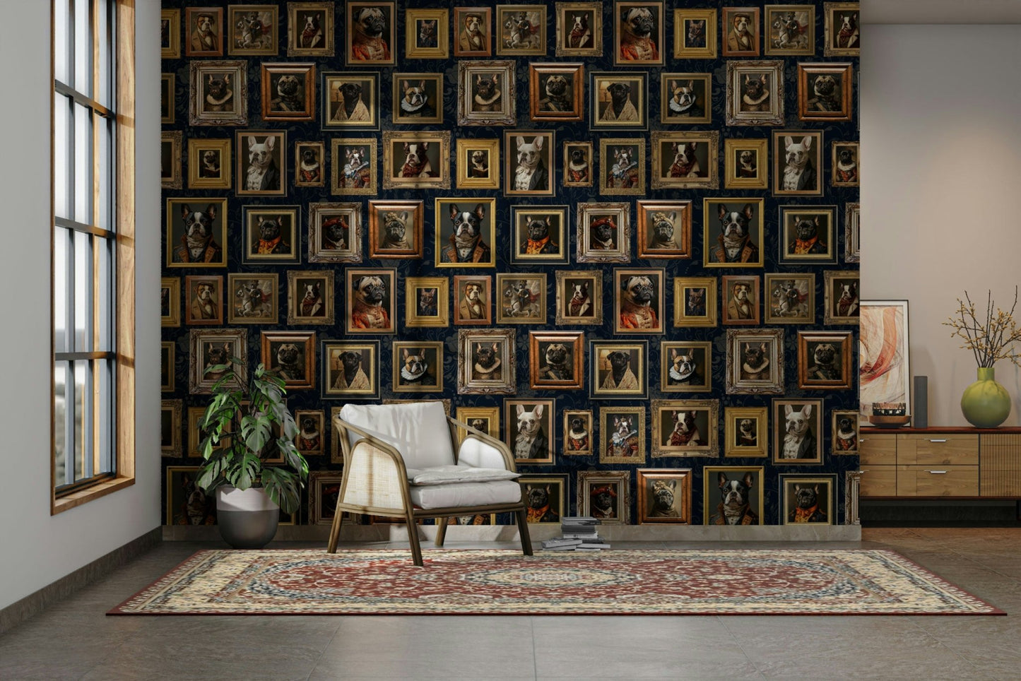 Wallpaper with a mix of neutral and accent colors.

