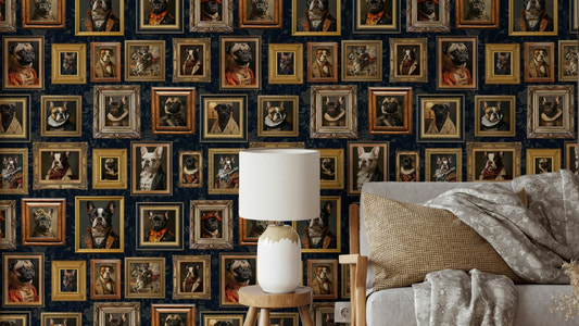 Wallpaper with dogs in stylish, dapper clothing.

