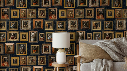 Wallpaper with dogs in stylish, dapper clothing.

