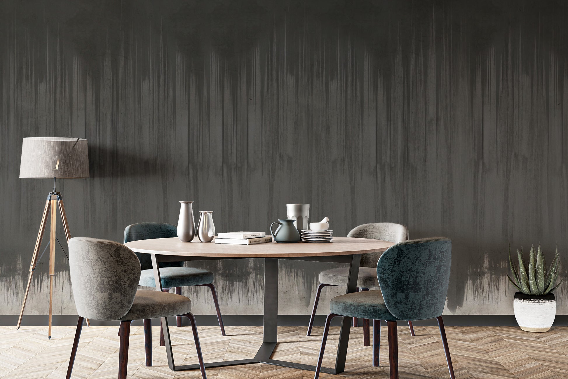 Minimalist decor paired with dark grunge wallpaper