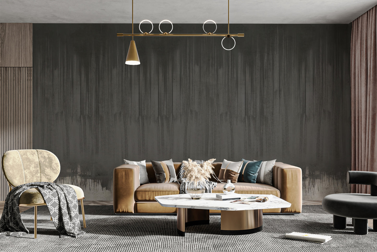 Abstract black wall covering with layered concrete look