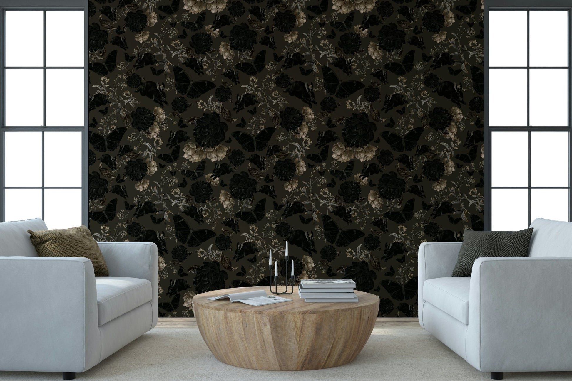 Moonlit Nocturnal Garden Wall Mural – Atmospheric wallpaper showing flowers and vines bathed in silvery moonlight.