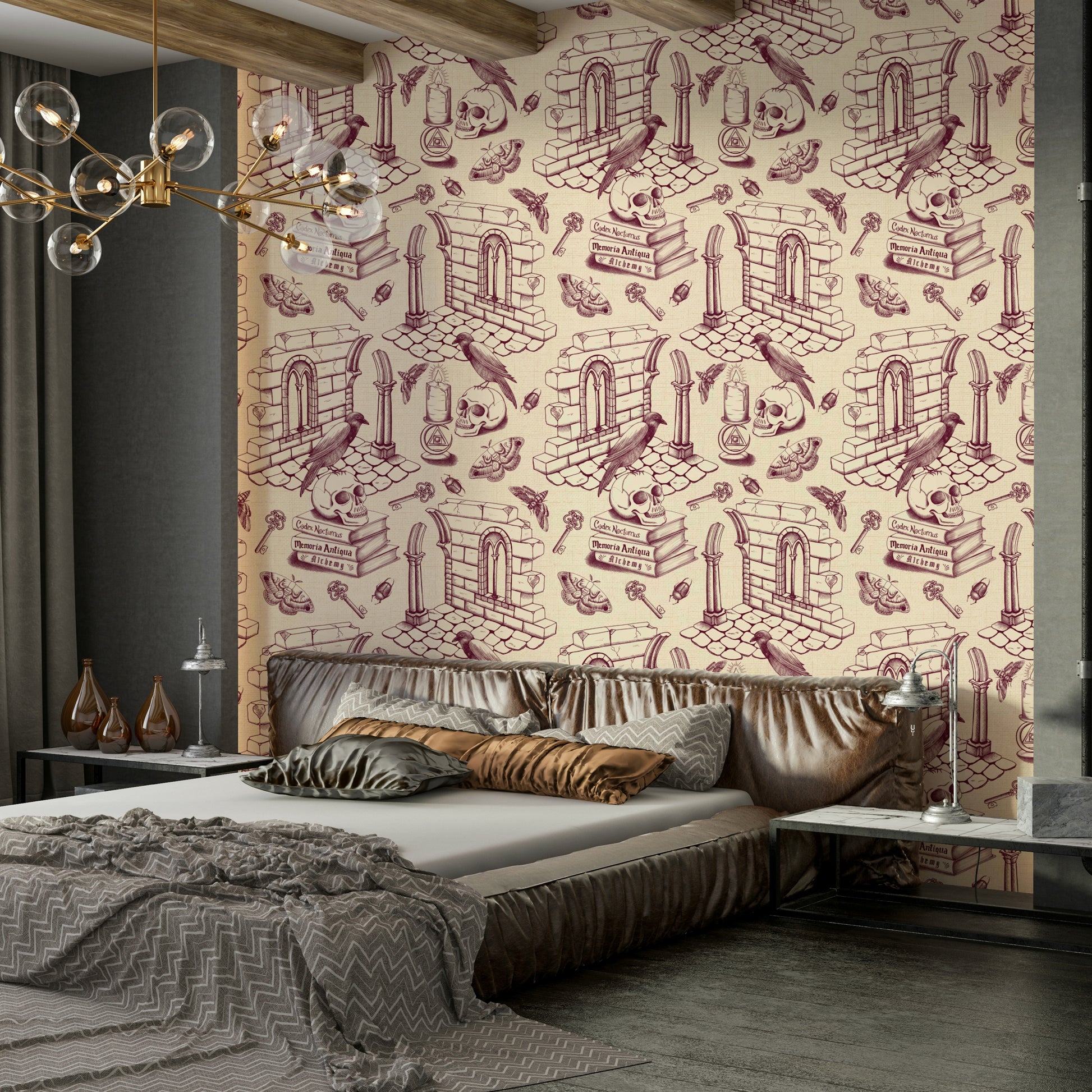 Burgundy Toile de Jouy wallpaper for literary-inspired rooms

