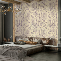 Grey purple mural wallpaper with toile de Jouy design

