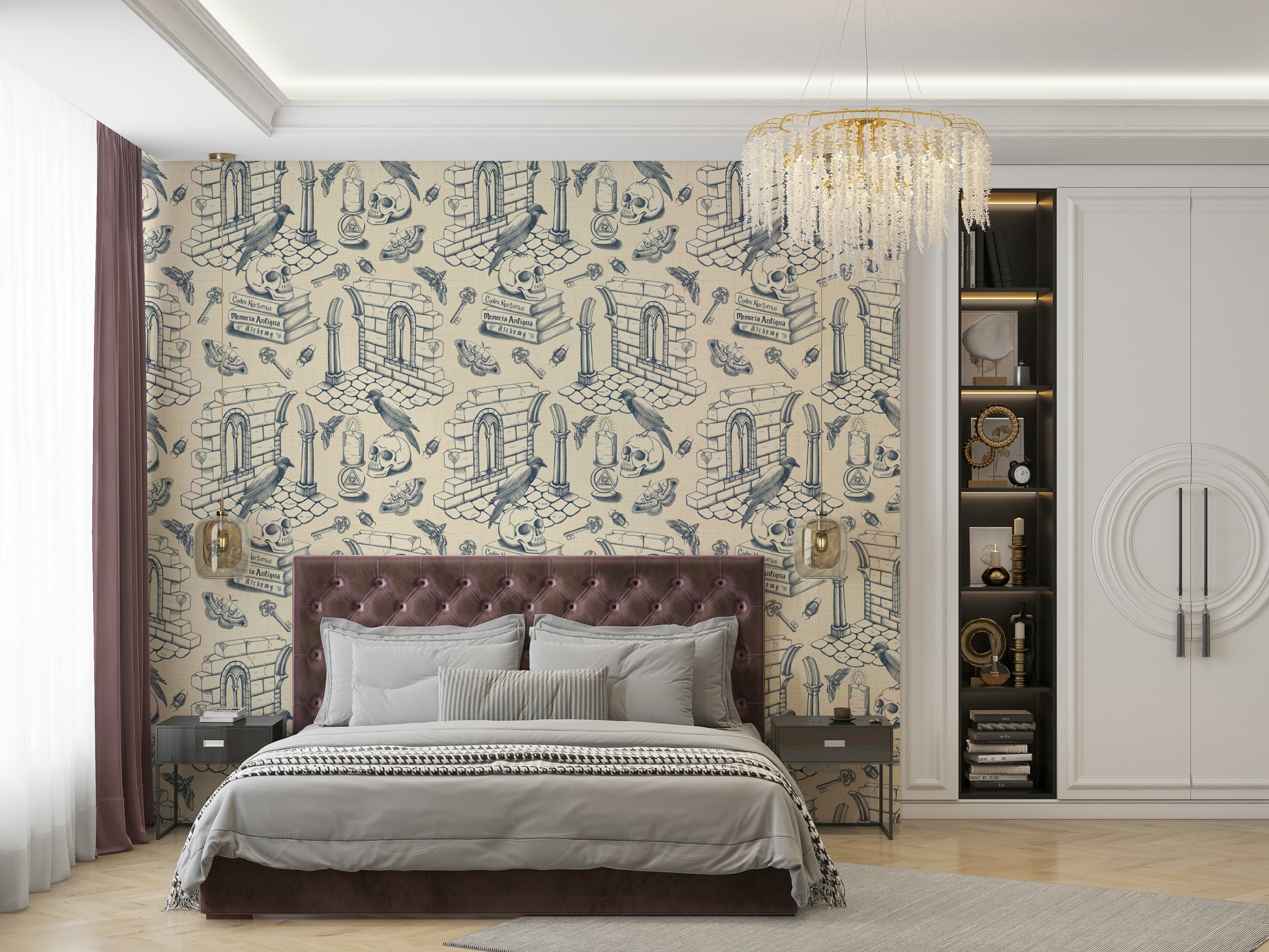 Toile wallpaper in rich twilight blue for home décor

