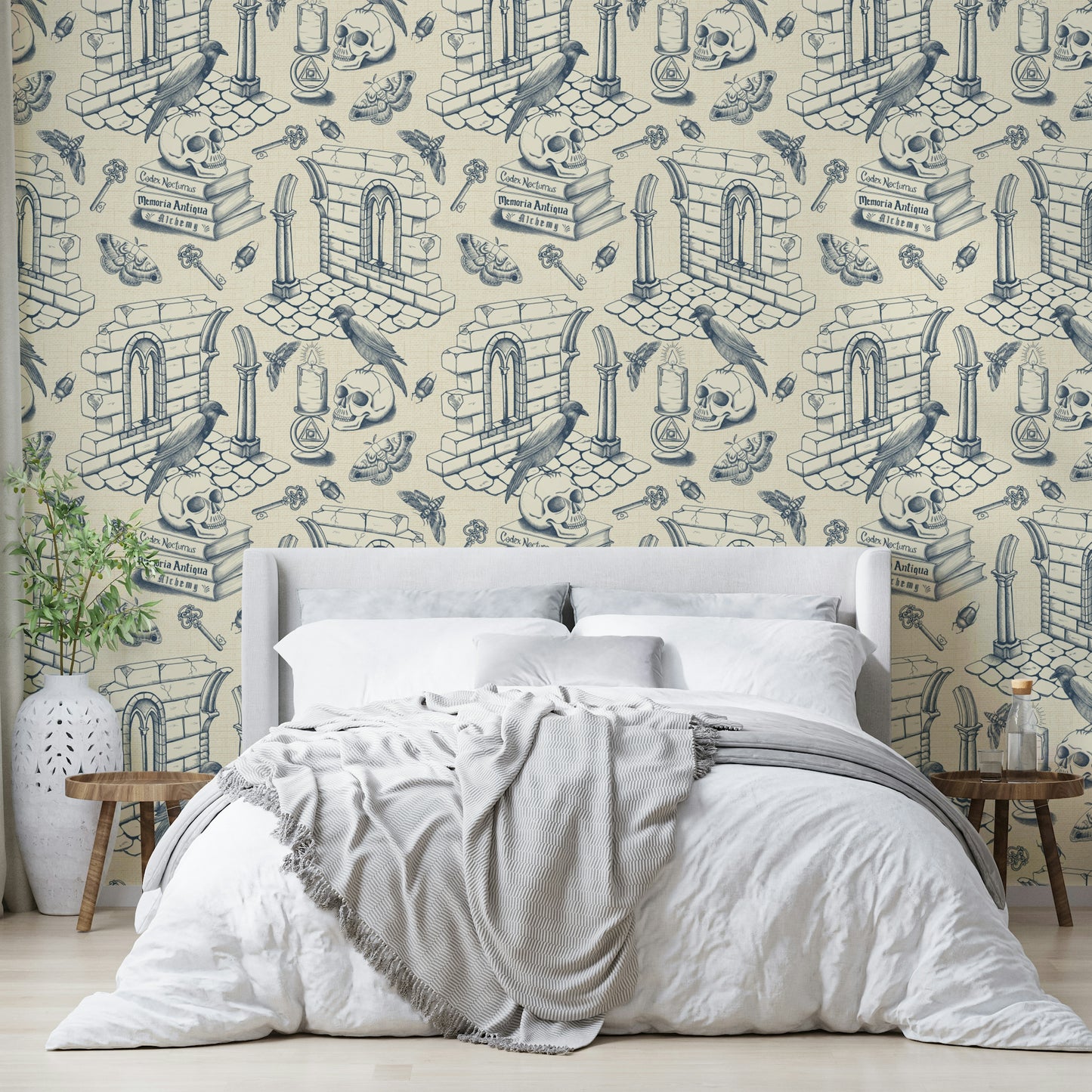 Vintage toile wallpaper for walls in calm blue tones

