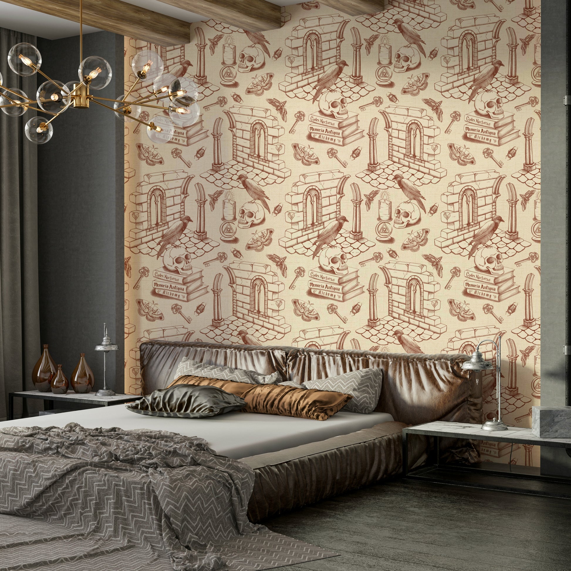 Amber wallpaper with vintage toile de Jouy pattern

