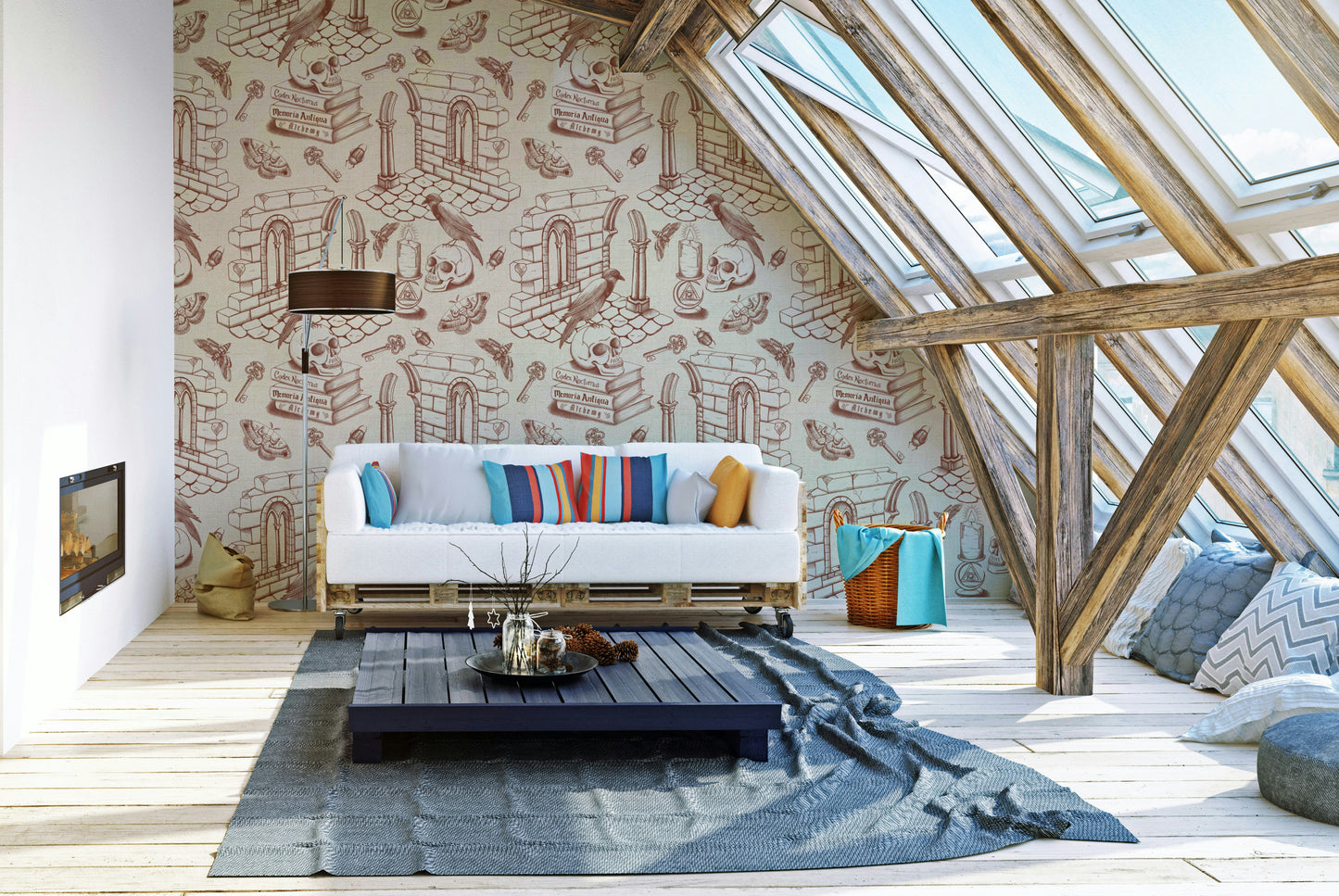 Wallpaper with warm amber background and toile prints

