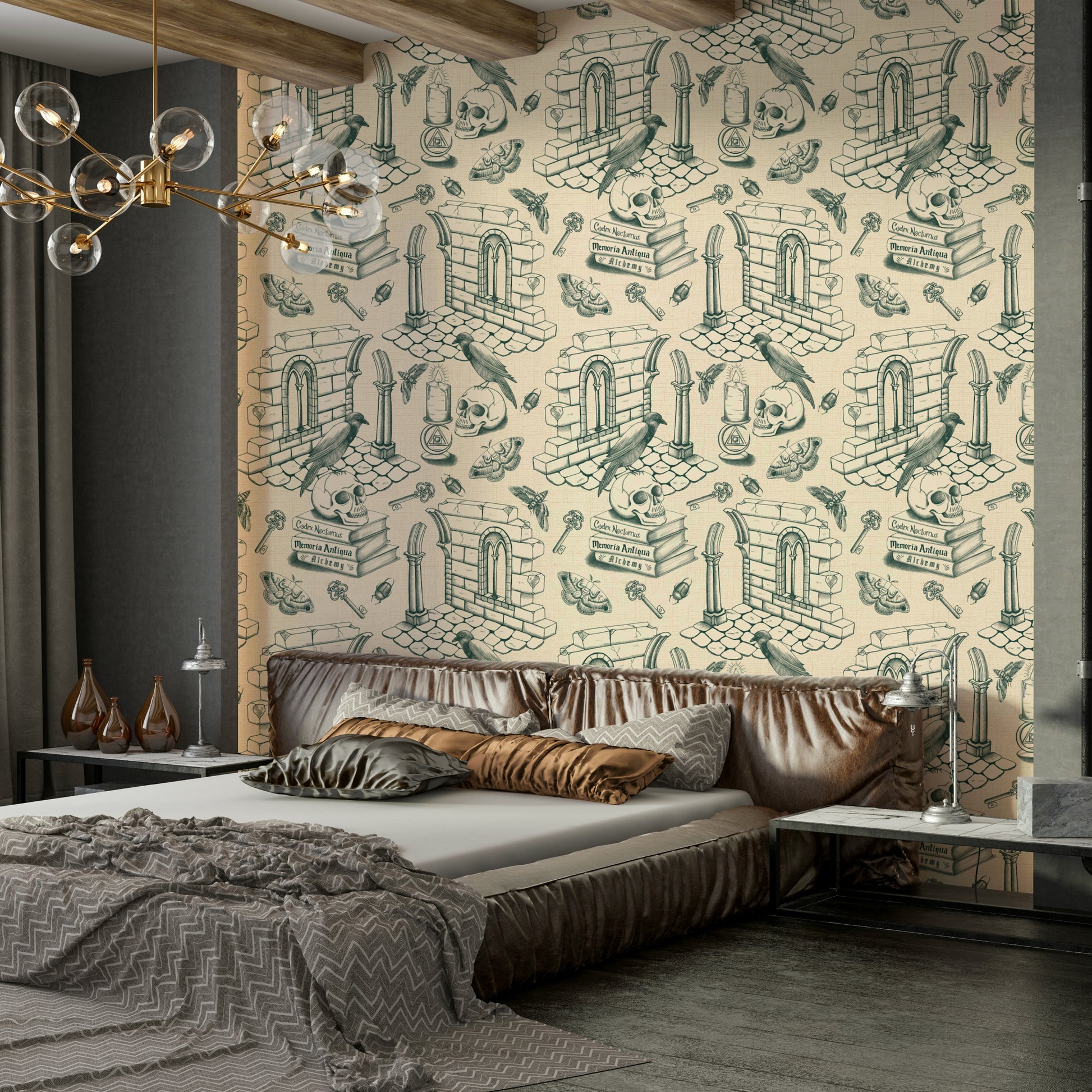 Ivy green wallpaper mural with classic toile scenes

