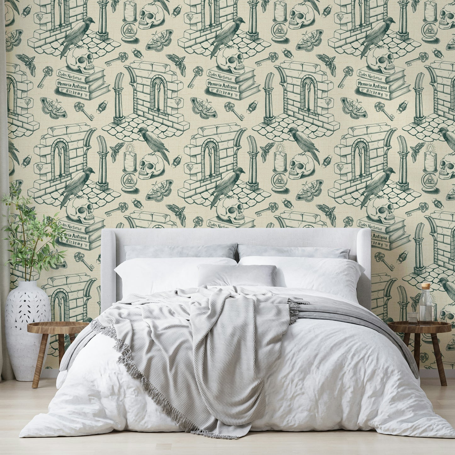 Classic toile wallpaper for walls in ivy green tones

