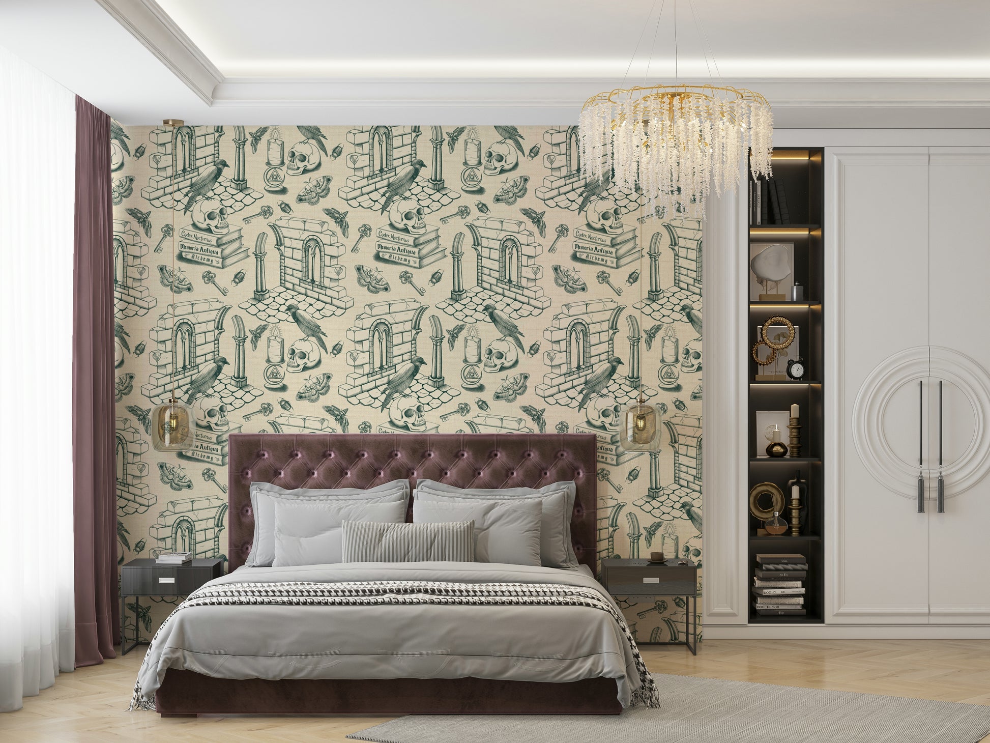 Wall mural with antique toile sketches on deep green

