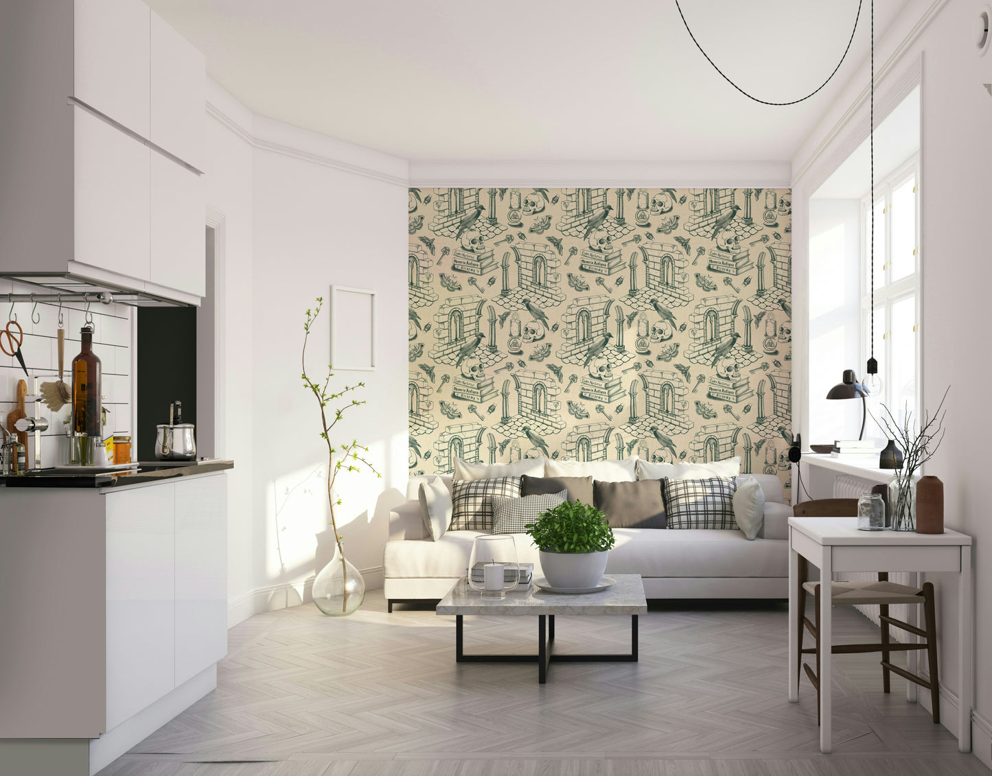Ivy-toned mural wallpaper in dark academia style

