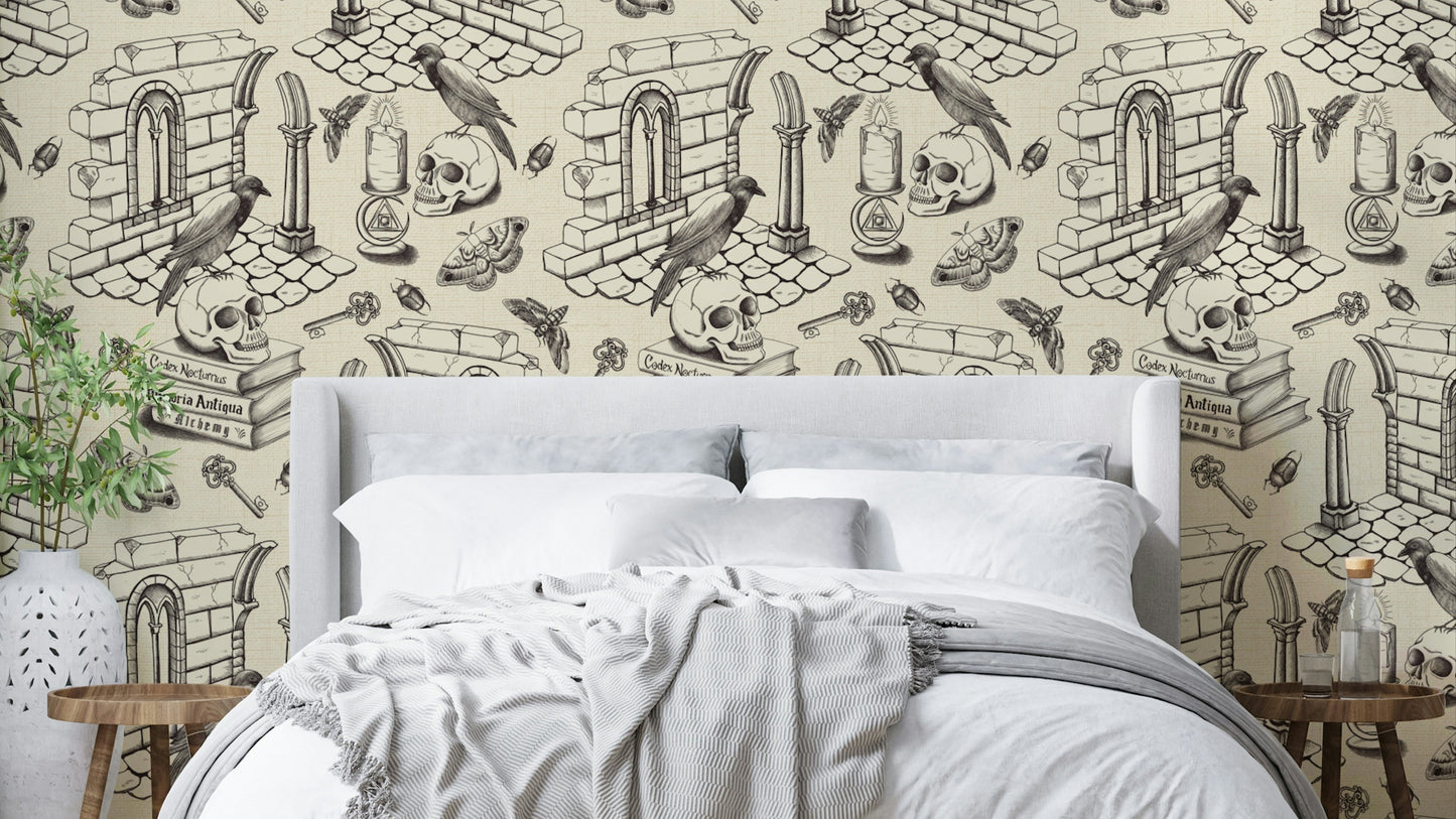 Elegant black mural with antique line drawings

