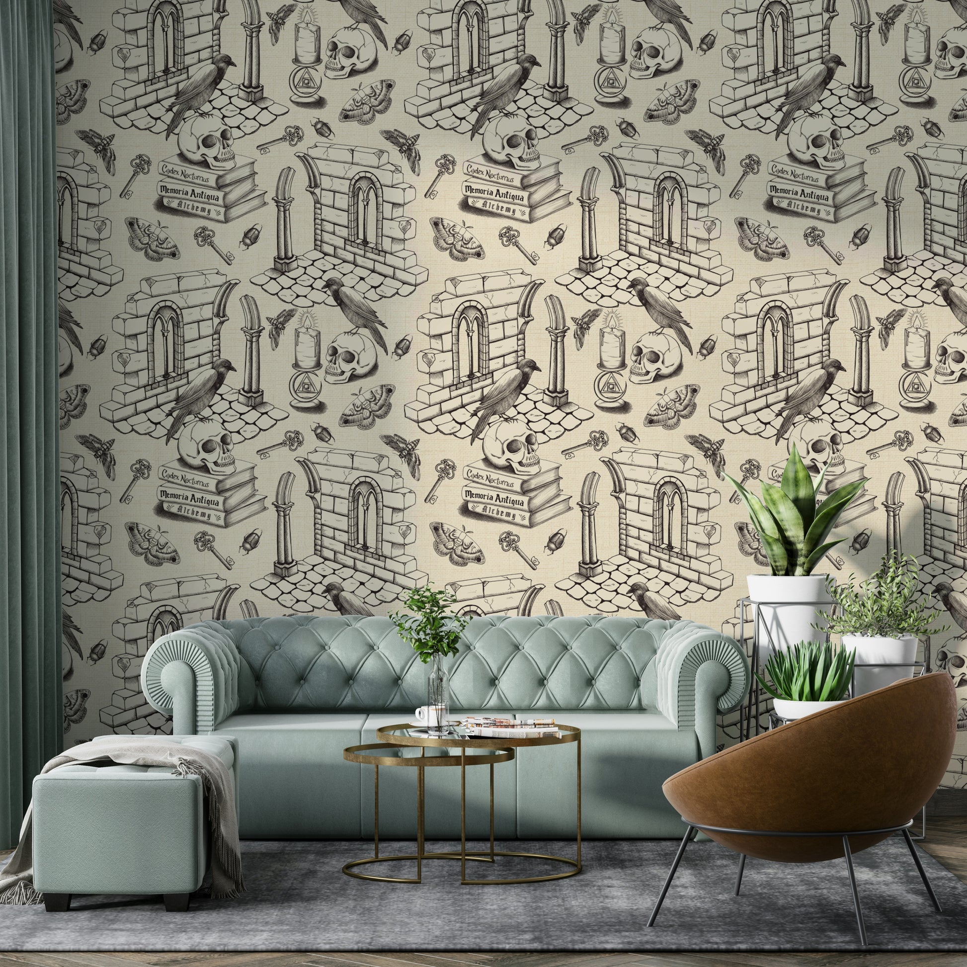 Wallpaper mural with fine toile detail and black tone


