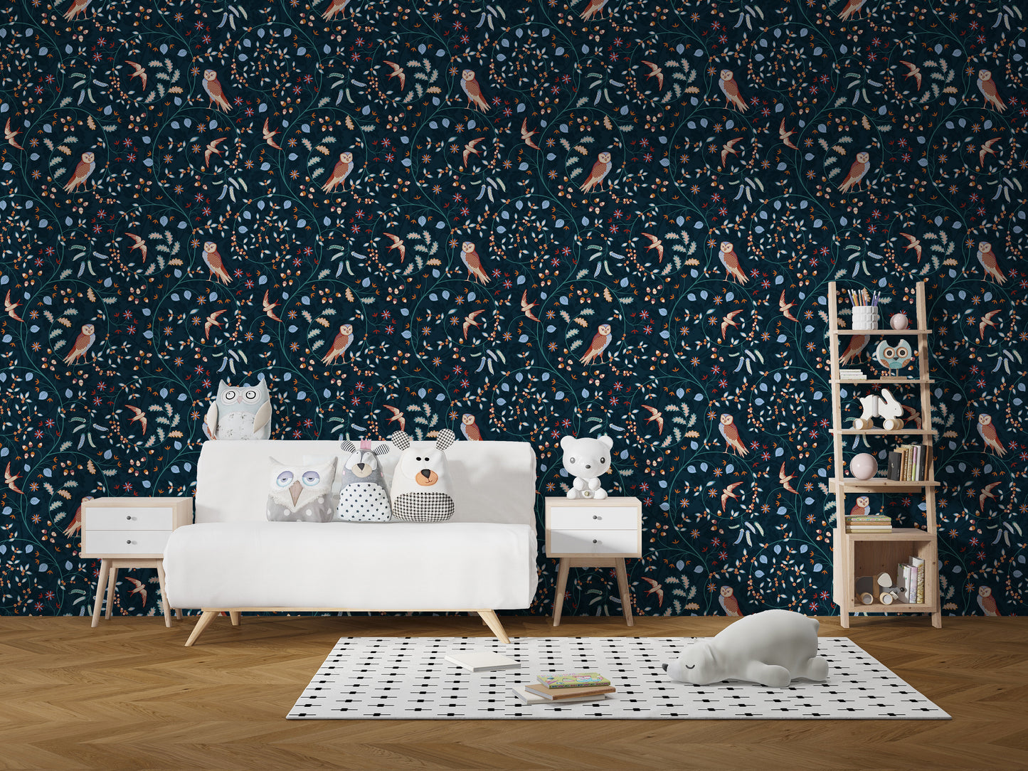 Decorative bird and floral-themed wallpaper
