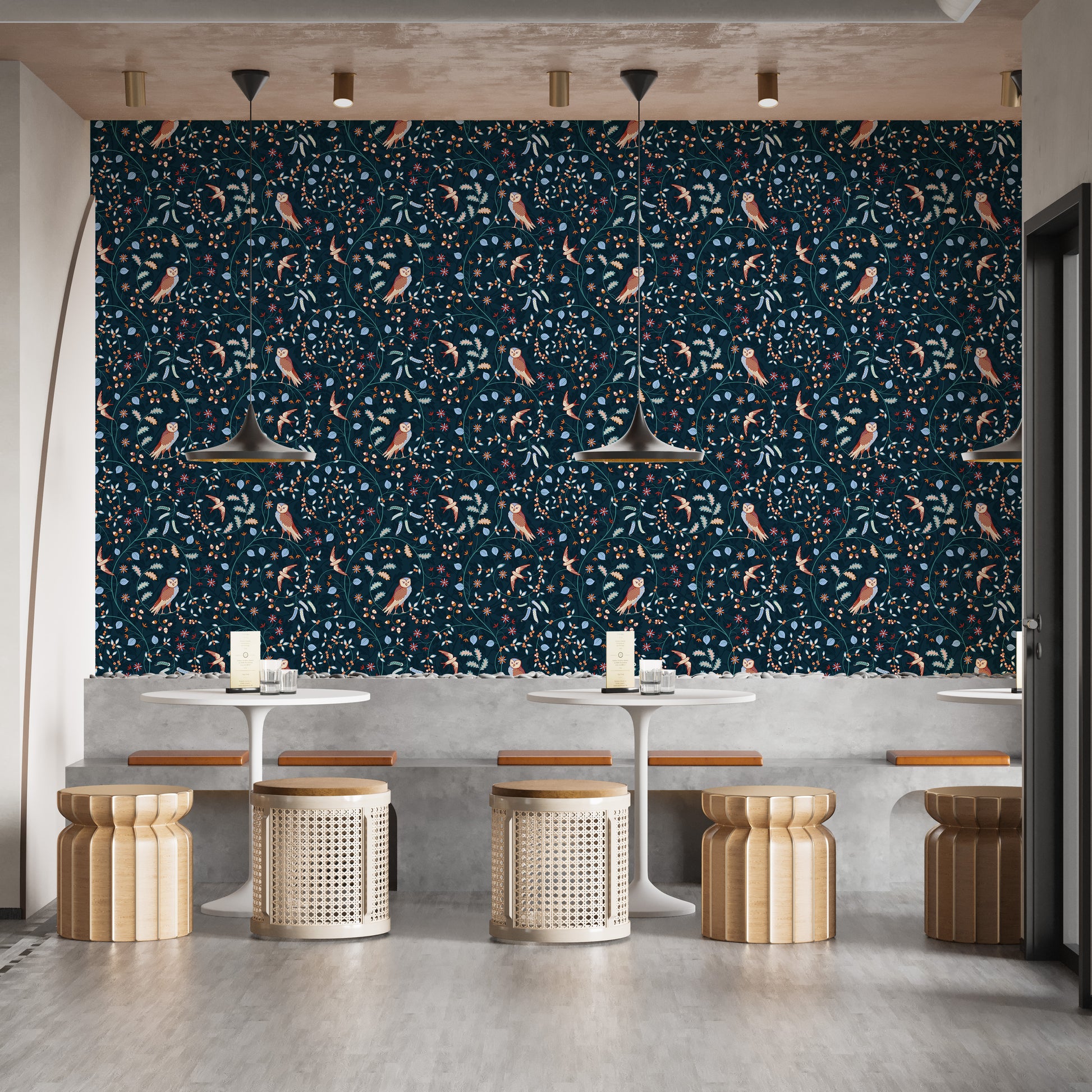 Deep blue wallpaper with bird accents
