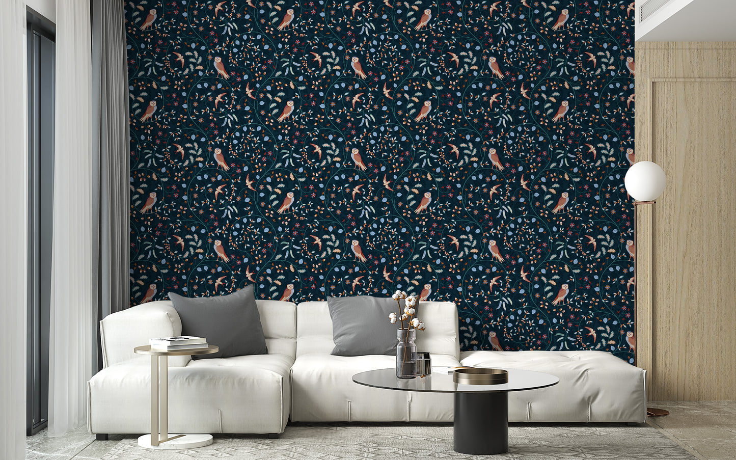Artistic floral and bird motif wallpaper
