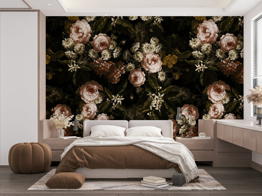 An interior view showing a wall decorated with a Midnight Baroque Bloom Wall Mural.