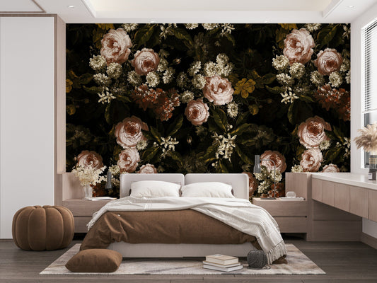 An interior view showing a wall decorated with a Midnight Baroque Bloom Wall Mural.